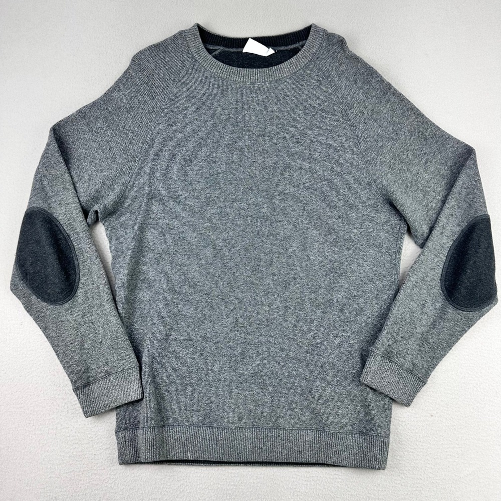 Cremieux Sweater Mens Medium Grey Knit Crewneck Preppy Elbow Patches‎ Cotton